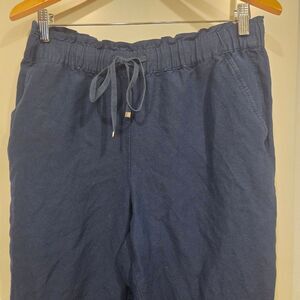 Loft Navy Linen Blend Pull On Pants Elastic Waist Women's Petite Medium